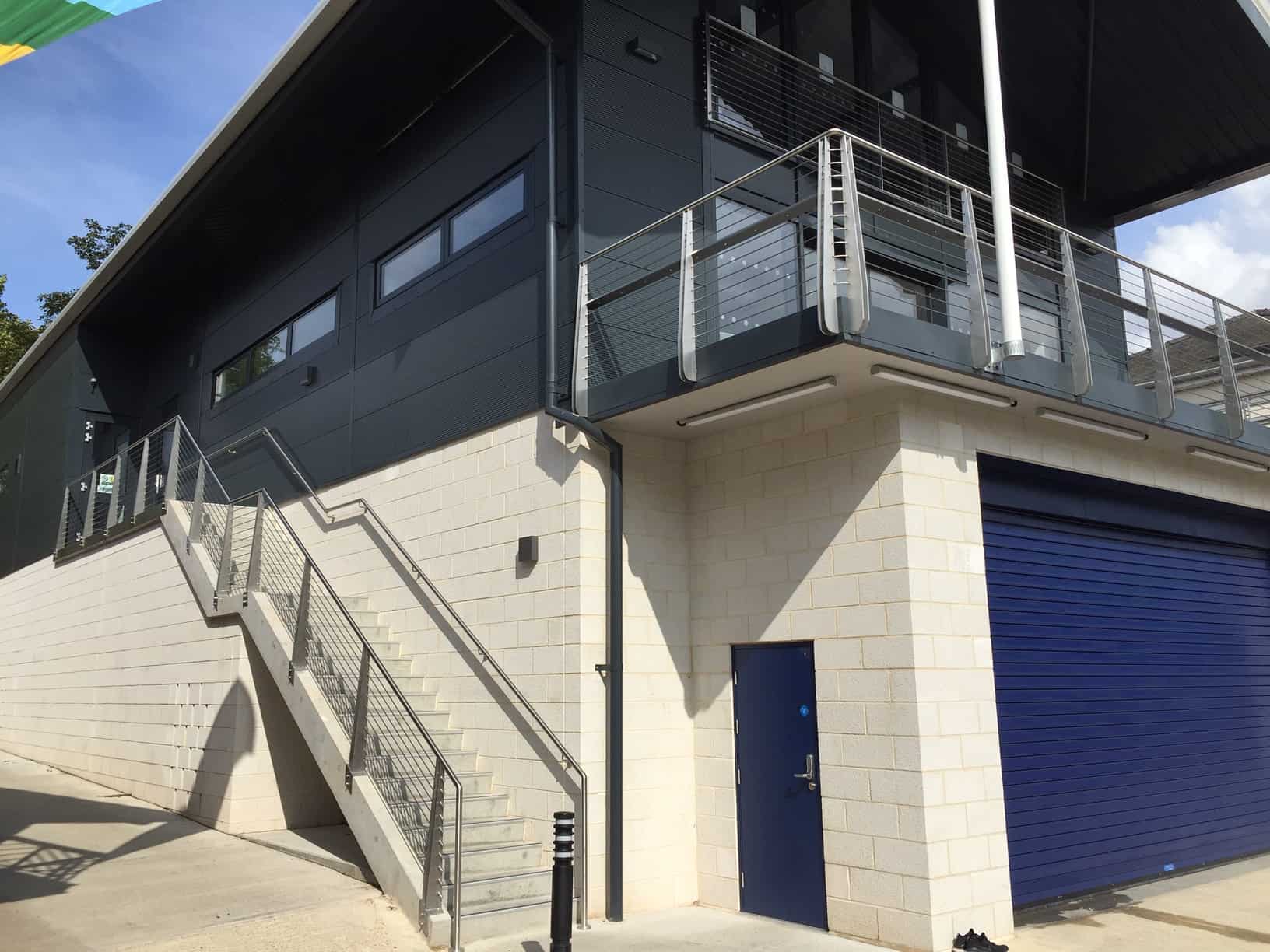 metal balustrades metal balcony City of Cambridge Rowing Club building main outer staircase balcony corner profile Wrightfield
